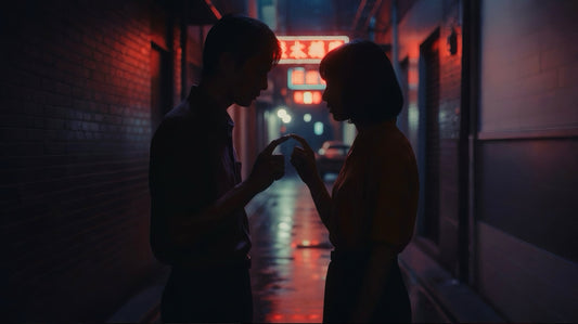Close up of hand touching shoulder, cinematic romantic lighting.