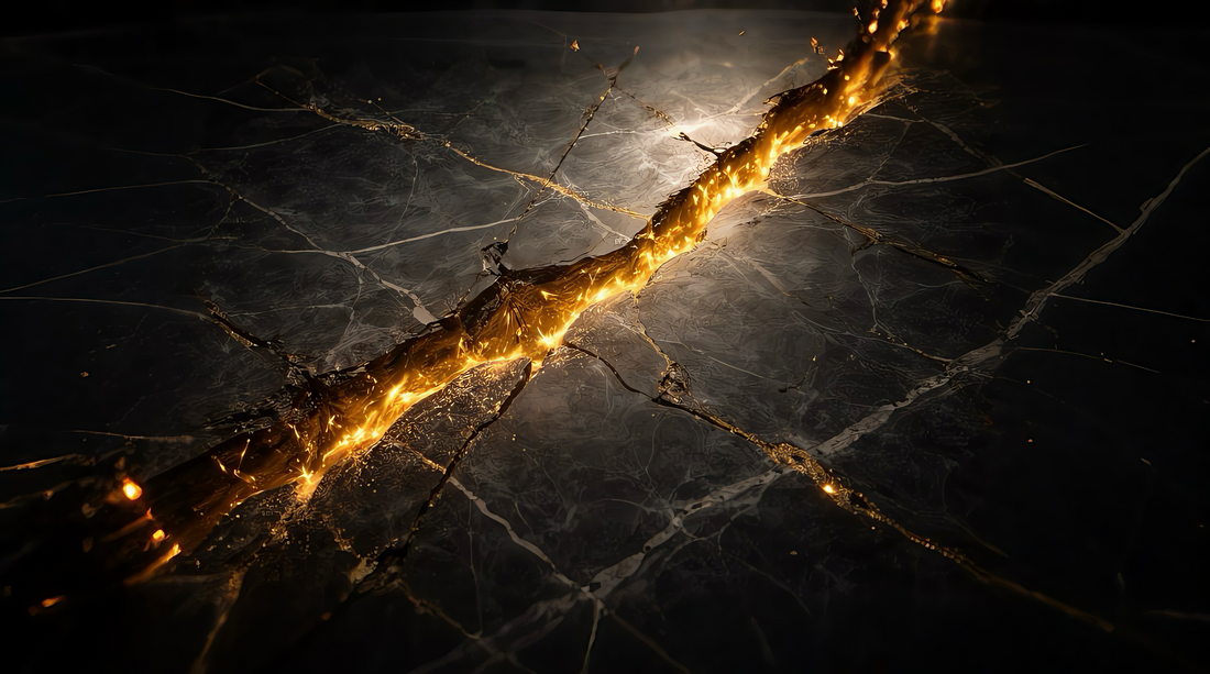 Abstract cracked dark marble stone with liquid gold veins symbolizing raw power and grounding.