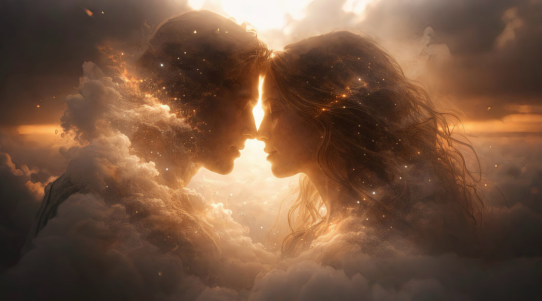 Abstract silhouette of two faces merging into one with warm lighting, symbolizing connection and soulmates.